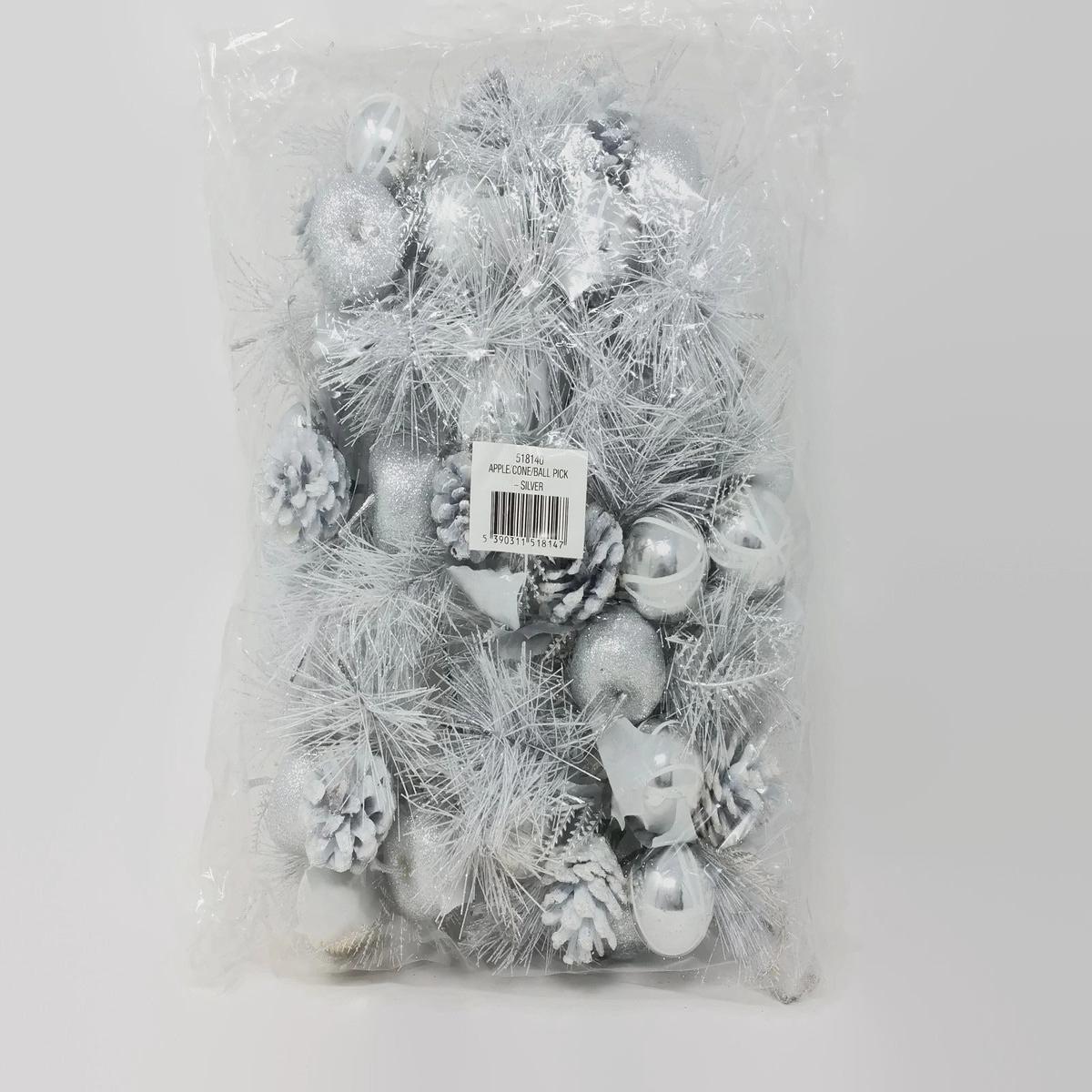 Glittered Silver and White Apple & Pine Cone Pick x 12 518140