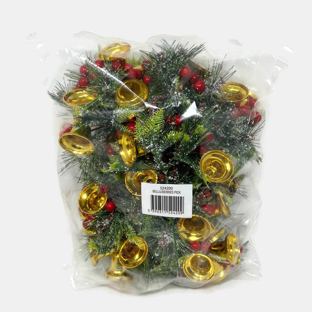 Holly Berry & Gold Bell Snowy Pick x 12