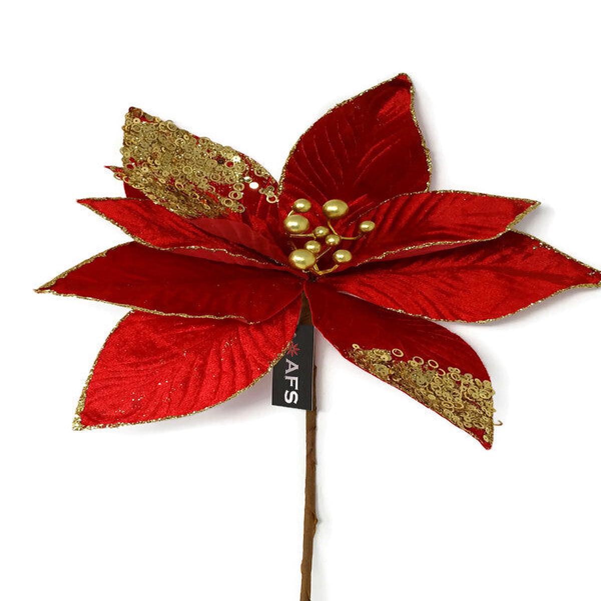 Luxury Sparkling Poinsettia Pick x 65cm - Red & Gold