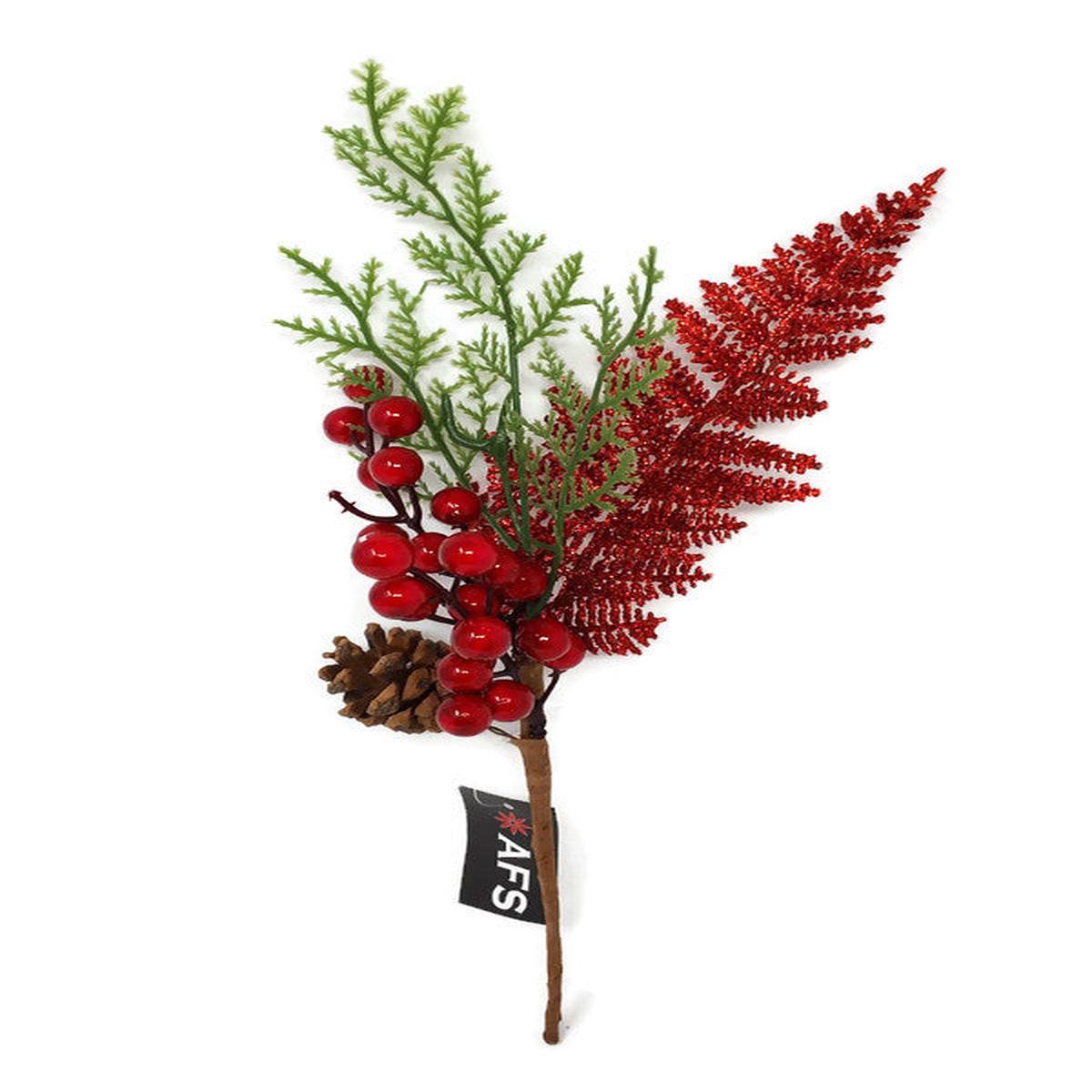 Red Glitter Fern & Berry Pick x 32cm