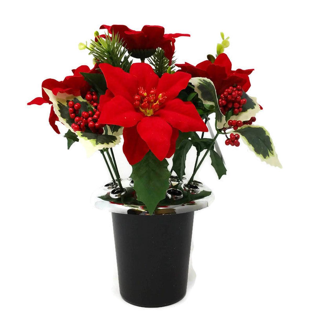 Red Poinsettia with Holly & Berry Cemetery Grave Pot