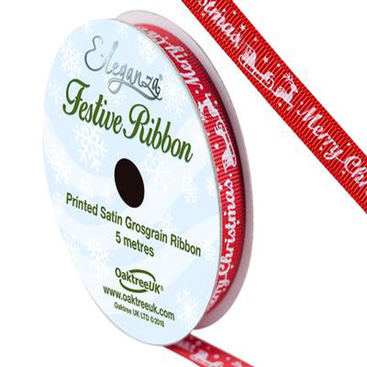 Satin Grosgrain Merry Christmas reindeer sleigh Red 10mm x 5m