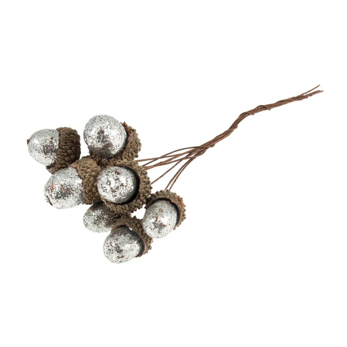 Silver Glitter Acorns on Wire - 8 Pieces
