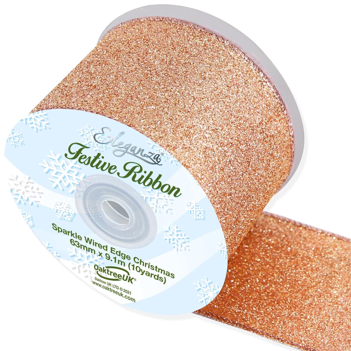 Sparkle Wired Edge Ribbon 63mm x 9.1m Rose Gold