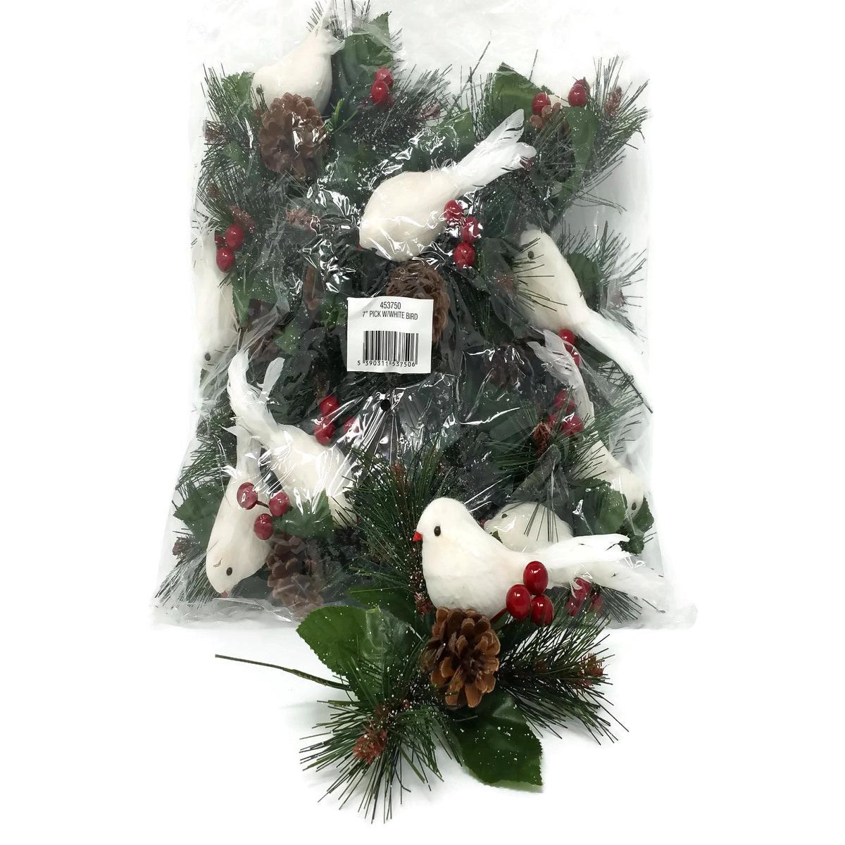 White Bird & Berries Snow Pick with Pine Cone x 18cm - Pack of 12 453750