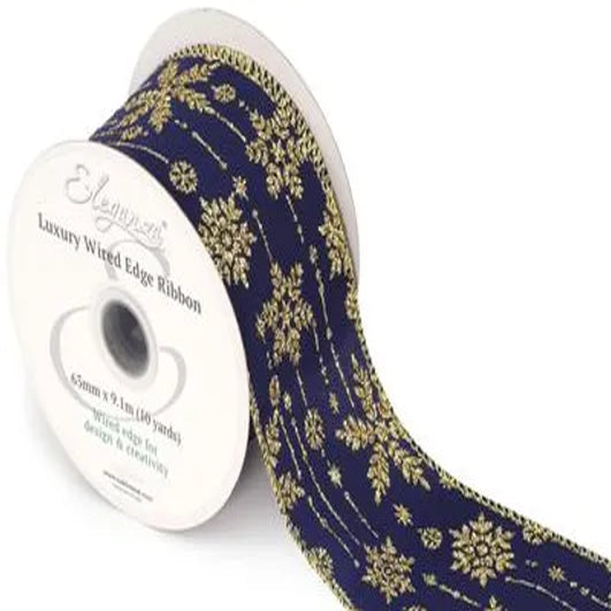 Wired Edge Glamorous Snowflake Ribbon 63mm x 9.1m  Navy/Gold