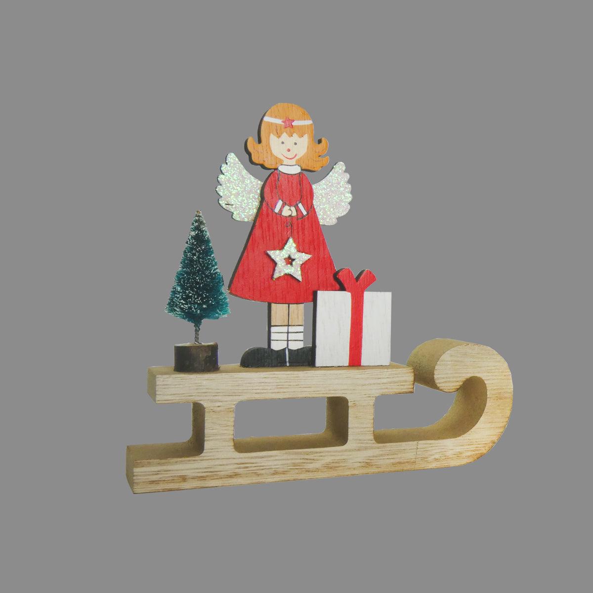 Wooden Sleigh With Angel 12 x12cm