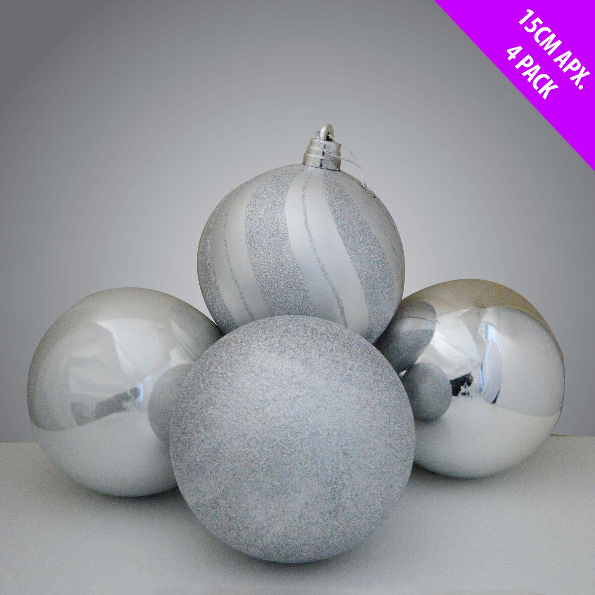 4 Giant Glittered and Shiny Baubles x 15cm -  Silver 55997