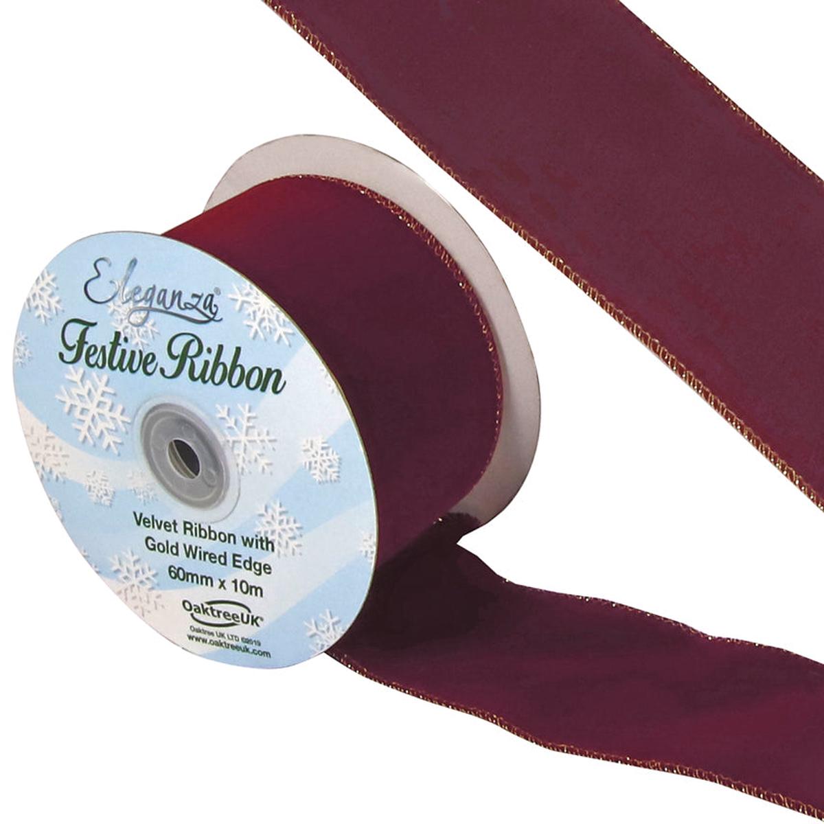 60mm x 10m Burgundy Velvet Ribbon with Wired Edge