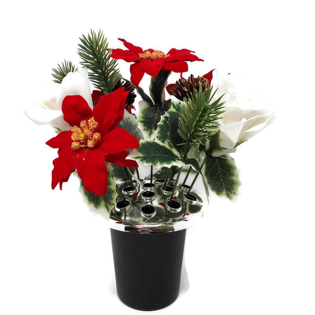 Mixed Red & White Rose & Poinsettia with Holly Cemetery Grave Pot