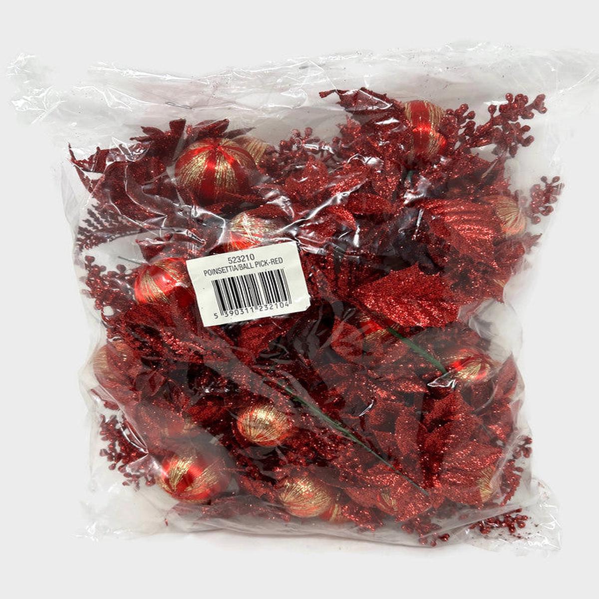 Red Poinsettia Holly & Ball Pick x 12