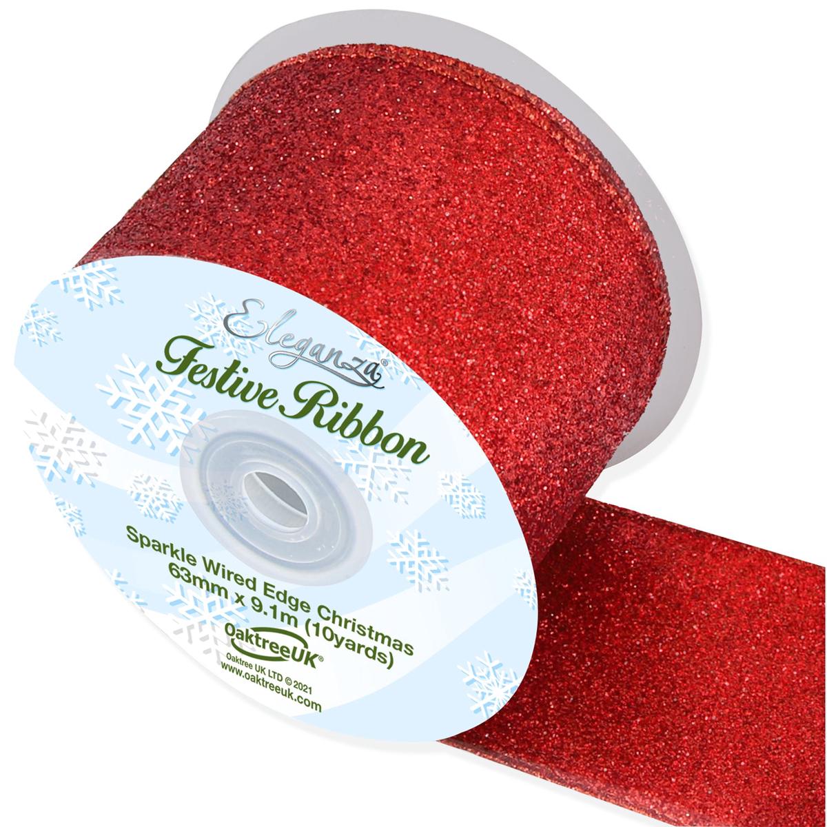 Sparkle Wired Edge Ribbon 63mm x 9.1m Red