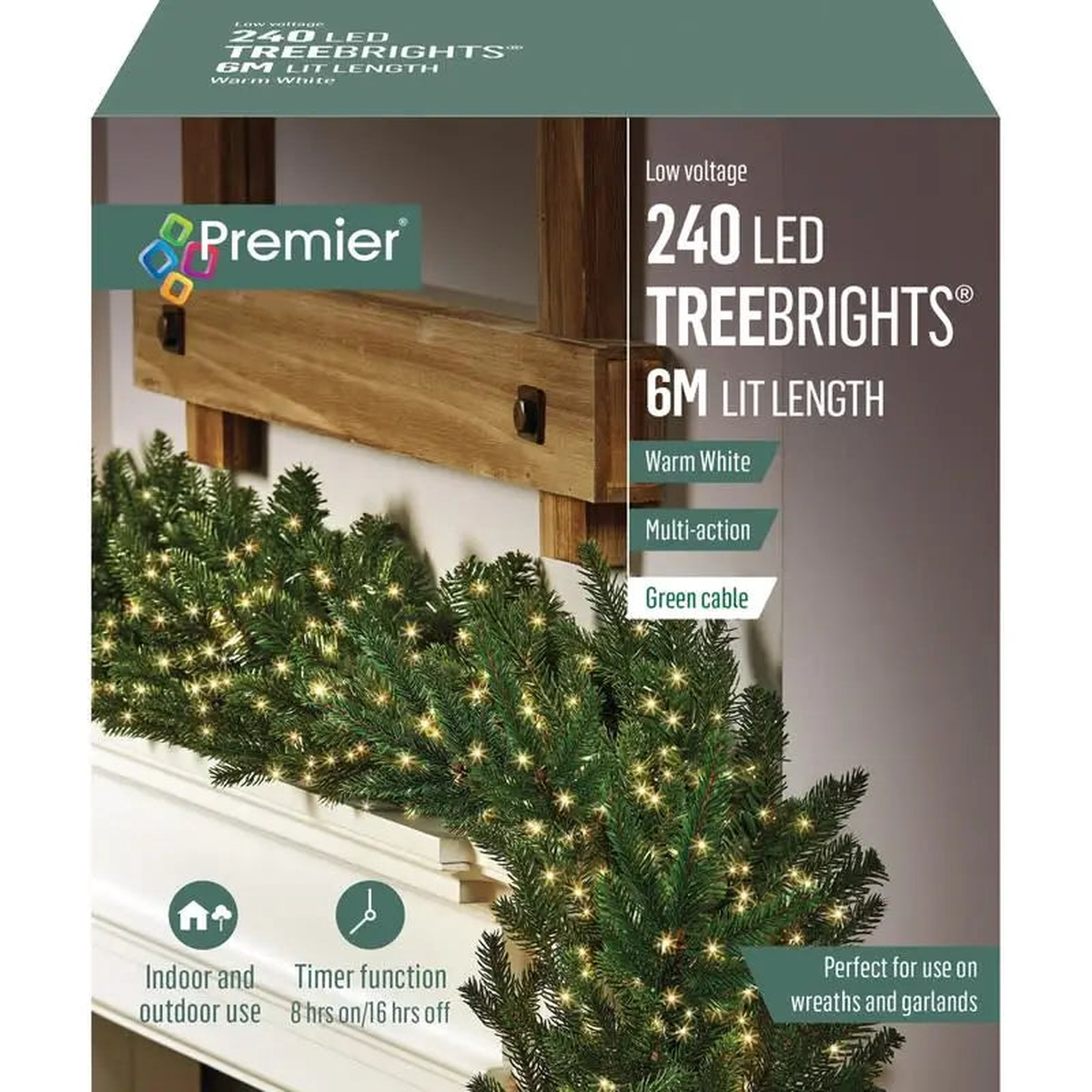 Premier Garland Treebrights 240 LED Multi-Action Timer Lights 6 Meters - Various Colours Available - Warm White