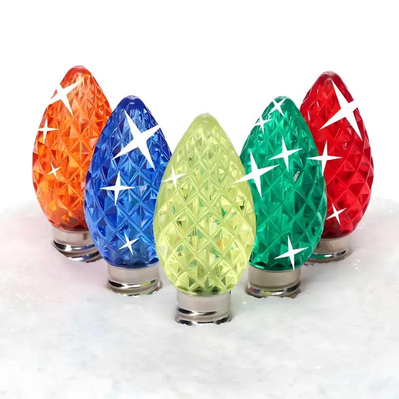 C7 Multicolor Red, Blue, Green, Orange, Gold Twinkle Faceted ProCore LED Christmas Light Bulbs