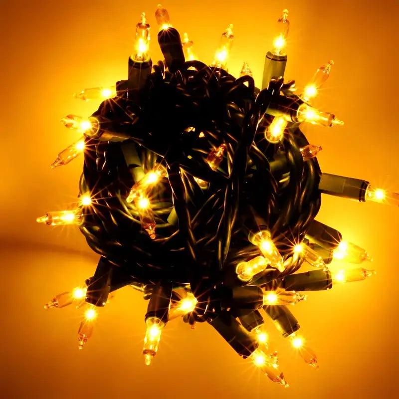 100 Yellow Incandescent Mini Lights, Green Wire, 4
