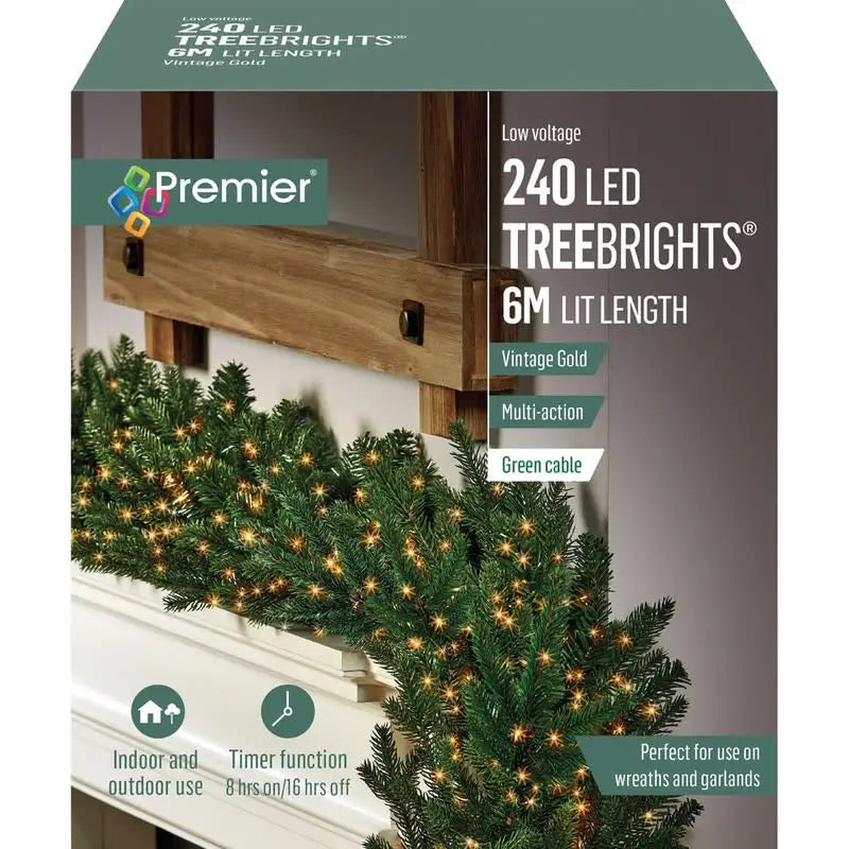 Premier Garland Treebrights 240 LED Multi-Action Timer Lights 6 Meters - Various Colours Available - Vintage Gold