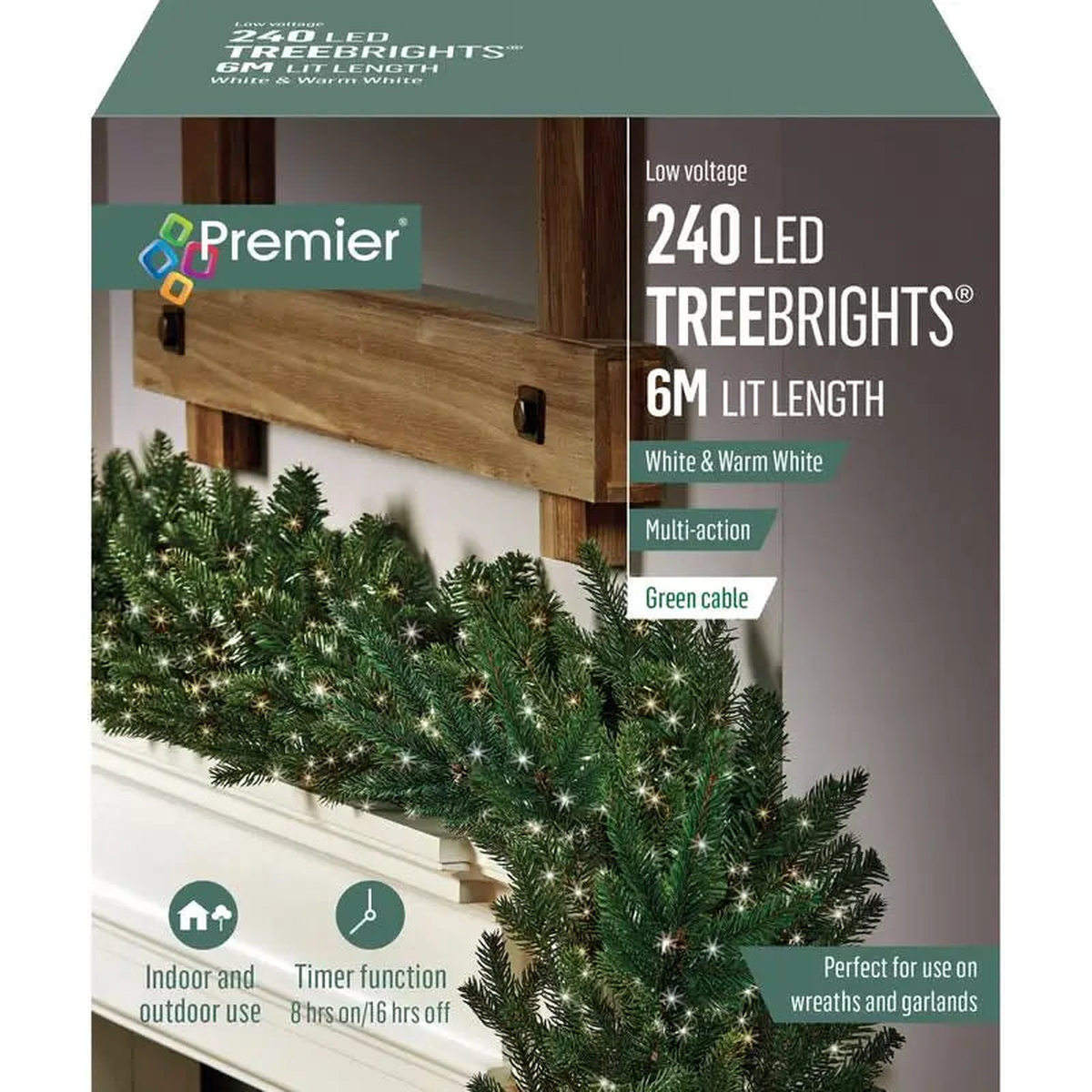Premier Garland Treebrights 240 LED Multi-Action Timer Lights 6 Meters - Various Colours Available - Warm White White