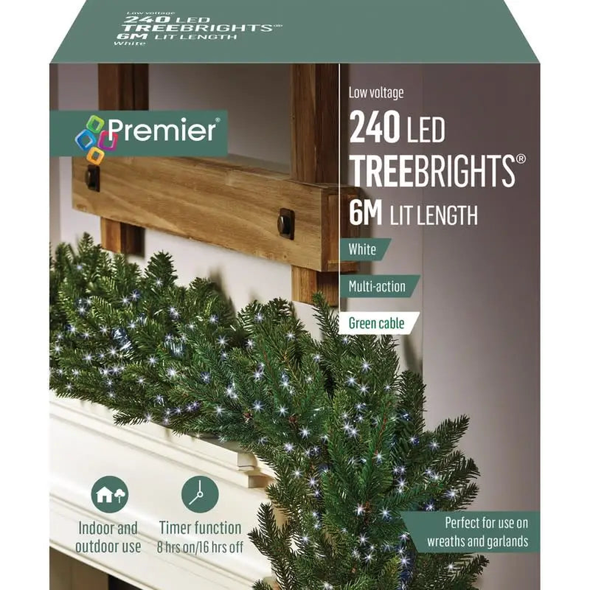 Premier Garland Treebrights 240 LED Multi-Action Timer Lights 6 Meters - Various Colours Available - White
