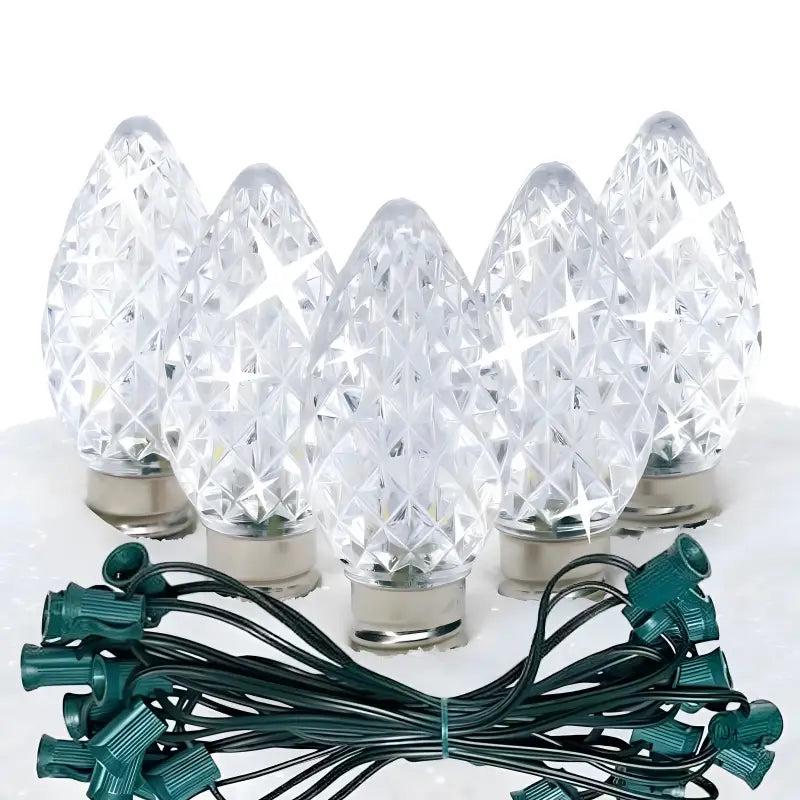 C7 Cool White Twinkle Faceted ProCore LED Christmas Light Bulb String Light Set, 25 Lights, 25'