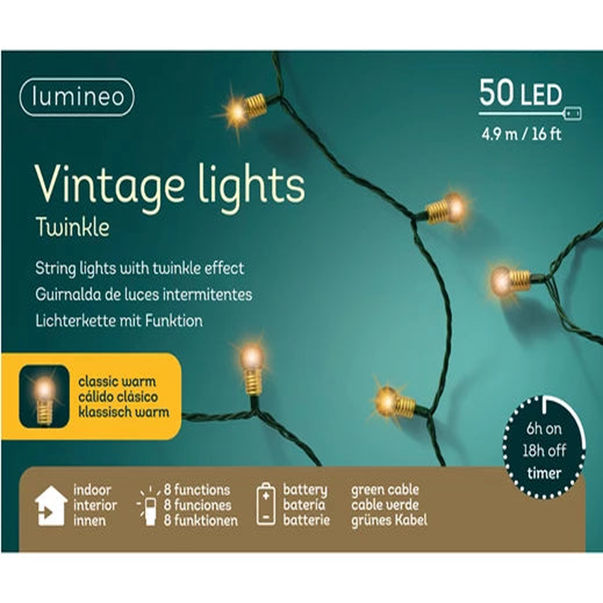 LED vintage lights 8 function twinkle effect BO indoor green/classic warm L.490cm