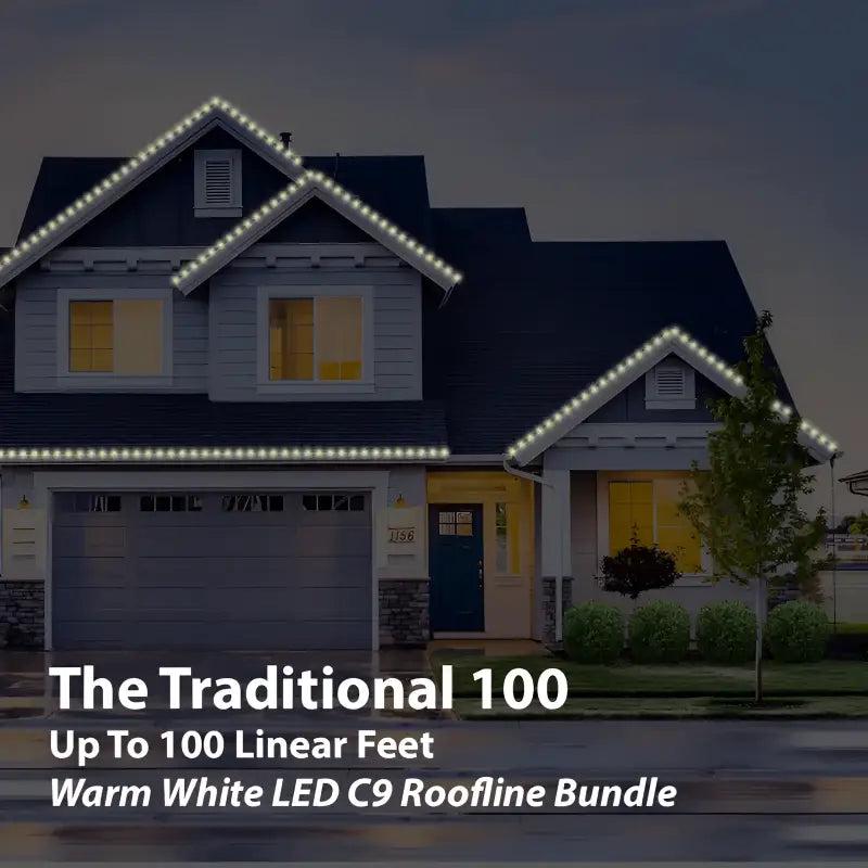 Roofline Bundle For Up To 100 Linear Feet, Warm White Faceted C9 LED Christmas Lights