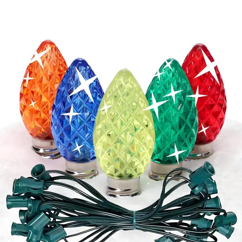 C7 Multicolor Twinkle Faceted ProCore LED Christmas Light Bulb String Light Set, 25 Lights, 25'