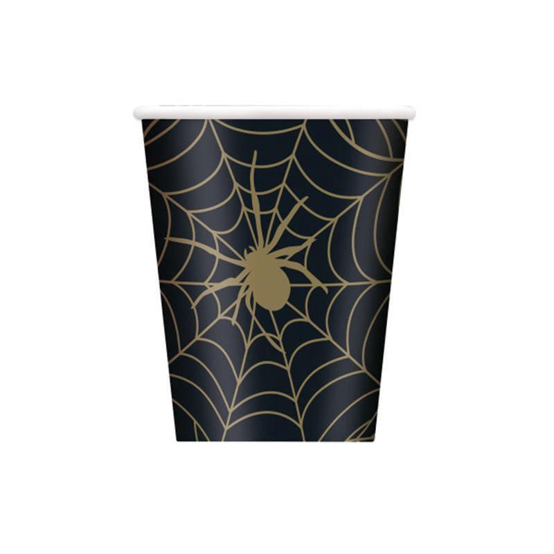 Black & Gold Spider Web paper cups 9 ounces, 8 per package