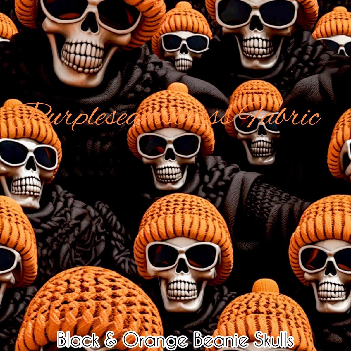 Black & Orange Beanie Skulls  Fabric
