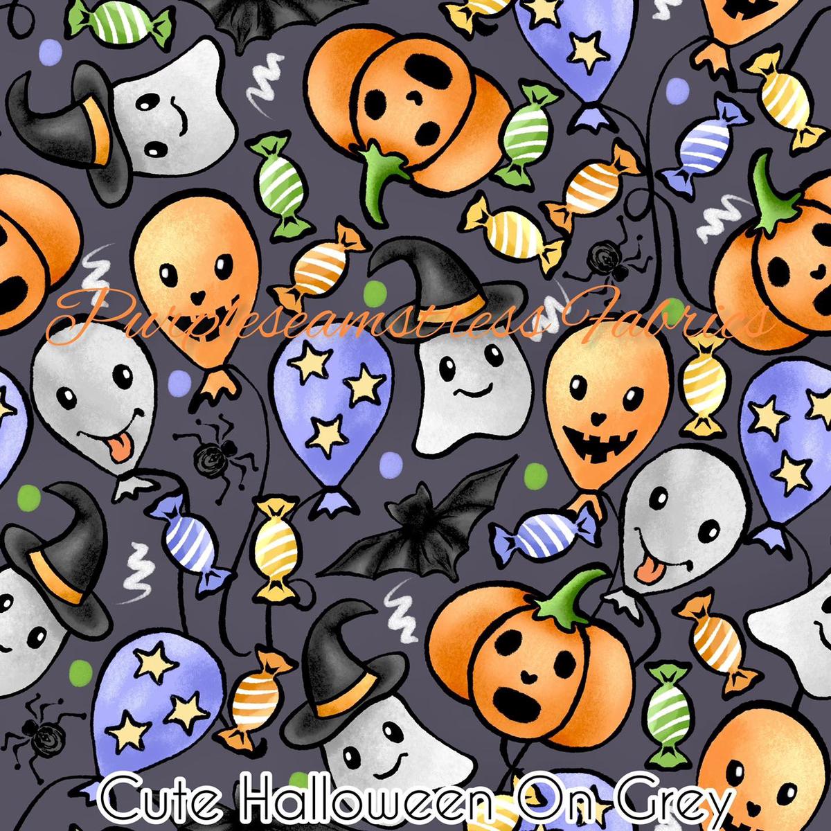 Cute Halloween On Grey  Fabric