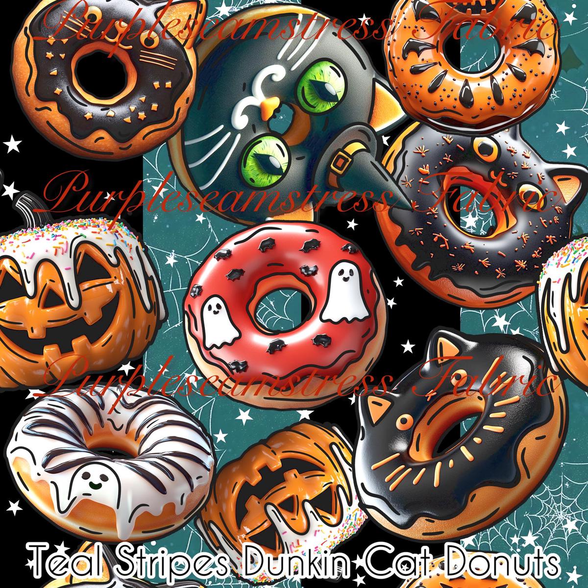 Teal Stripes Dunkin Cat Donuts  Fabric