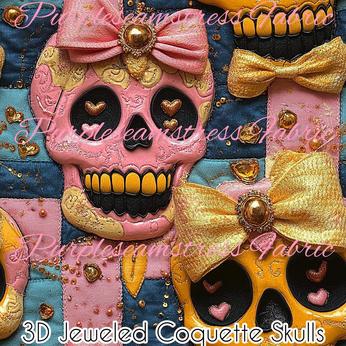 3D Jeweled Coquette Skulls  Fabric