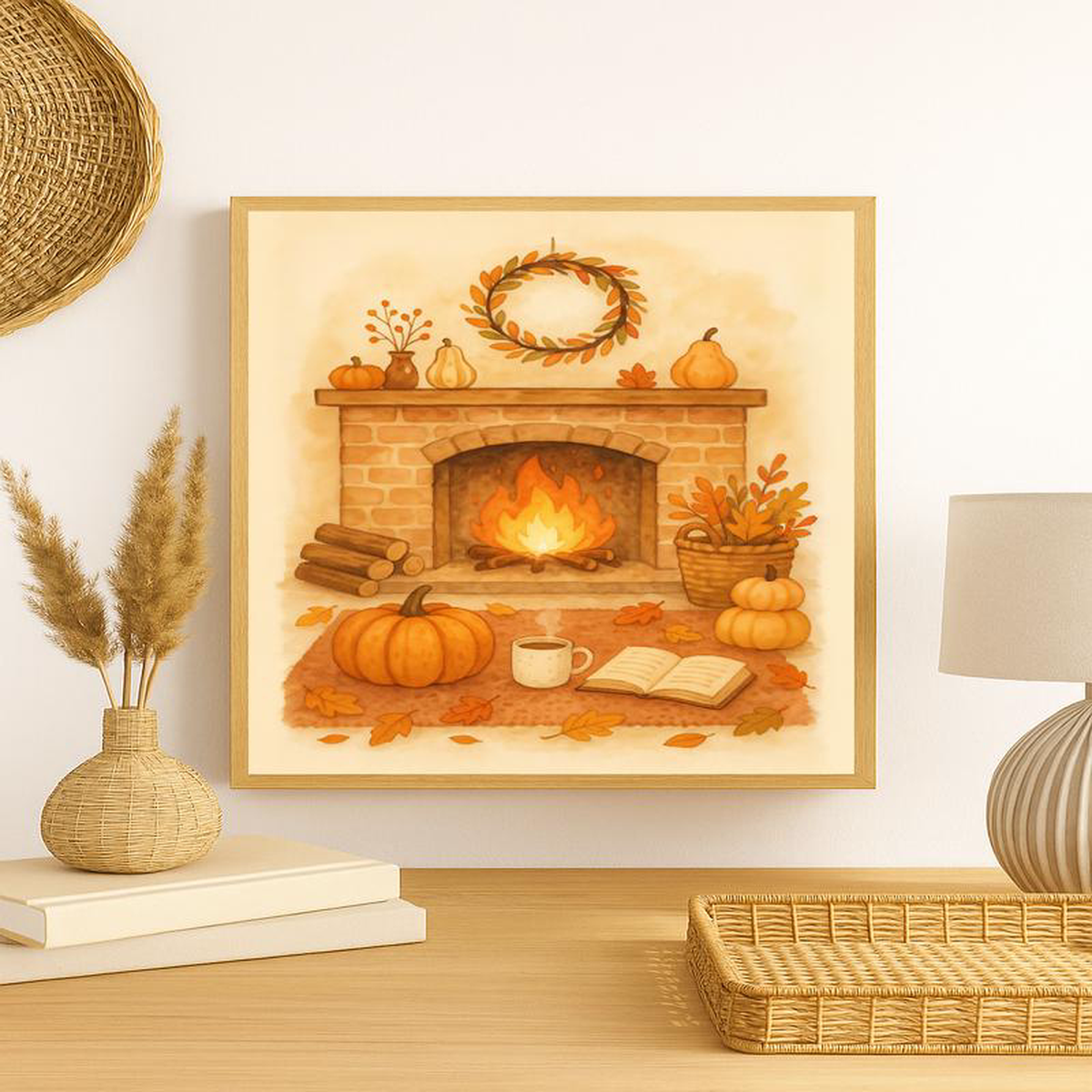 Cosy Autumn Fireplace Fall Pumpkin 038 Harvest Wall Art Print