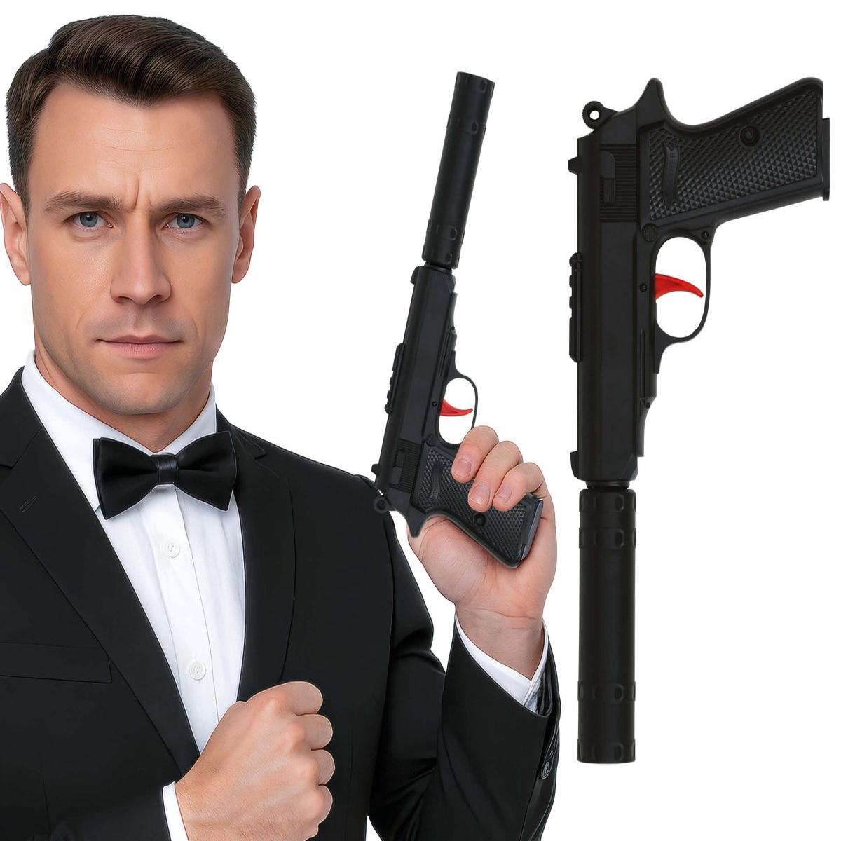 Sort falsk pistol med lyddmper 29 cm