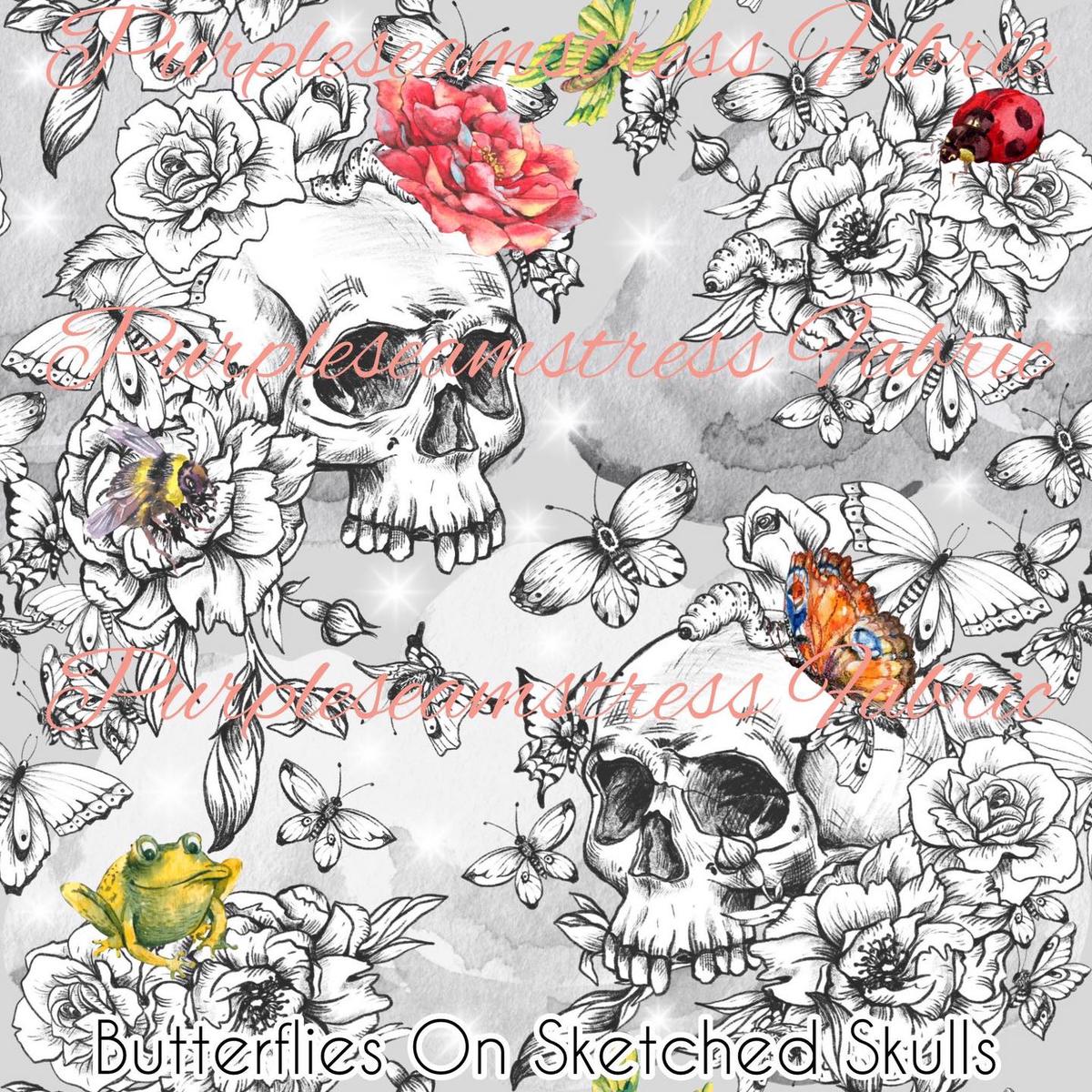 Butterflies on Sketched Skulls  Fabric