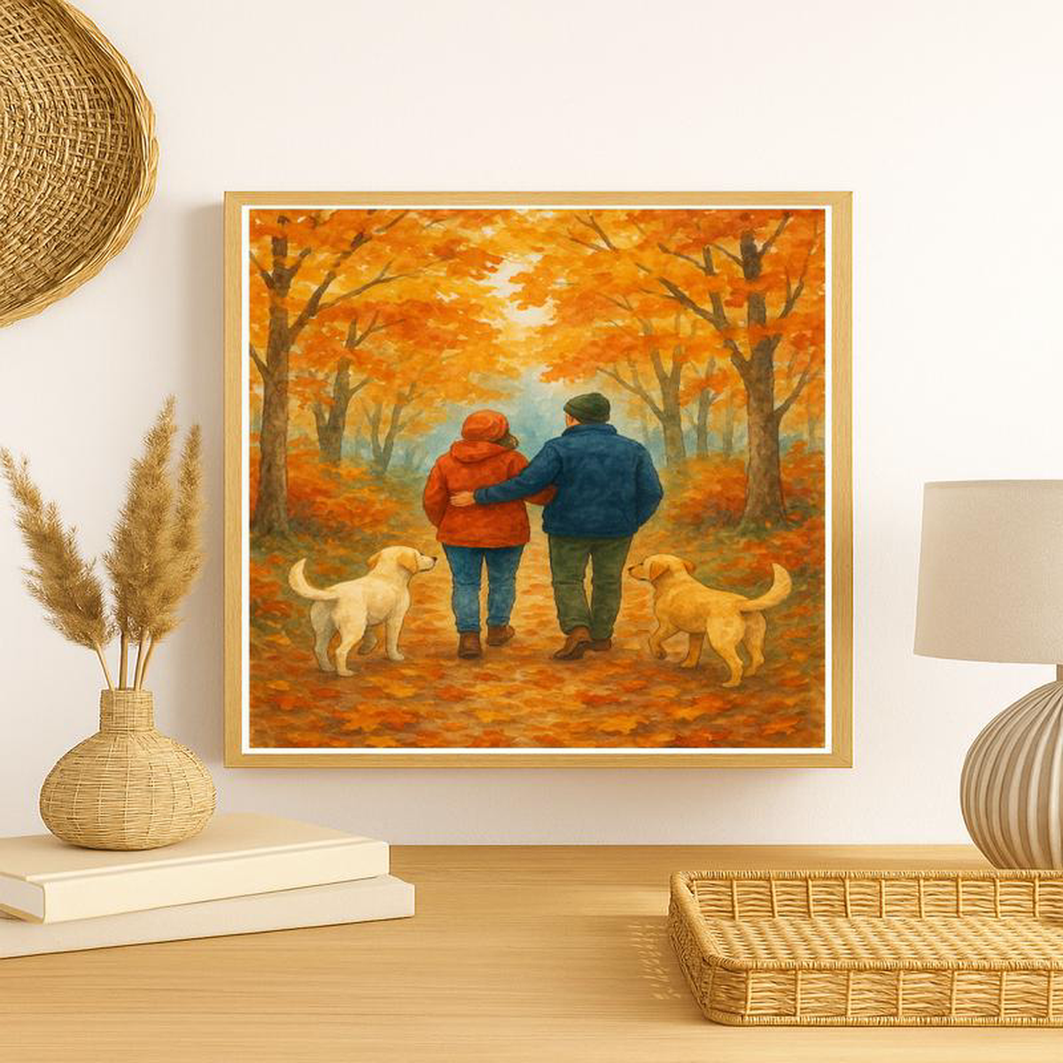 Autumn Couple Walking with Dogs Wall Art Cozy Fall Forest Path Print