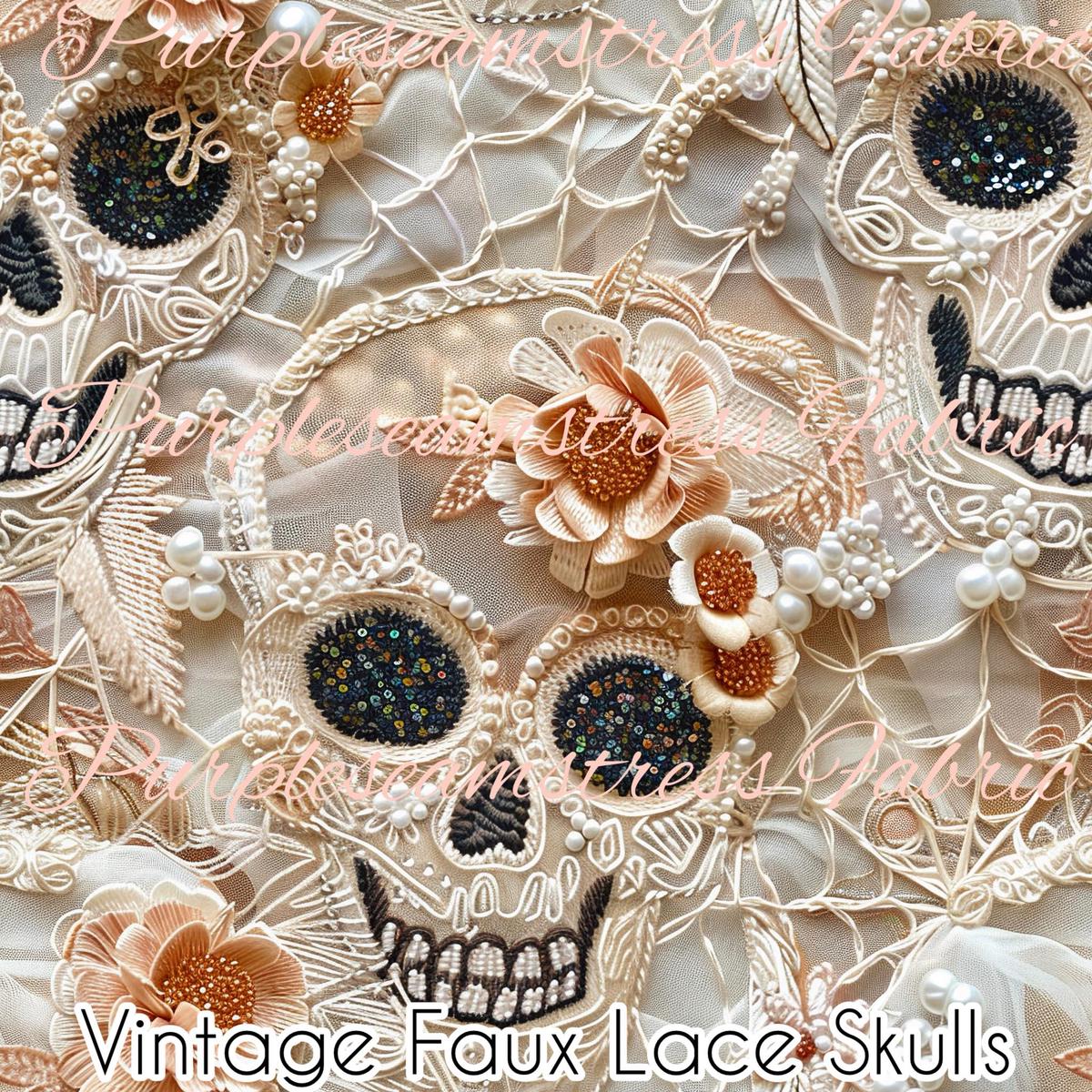 Vintage Faux Lace Skulls  Fabric