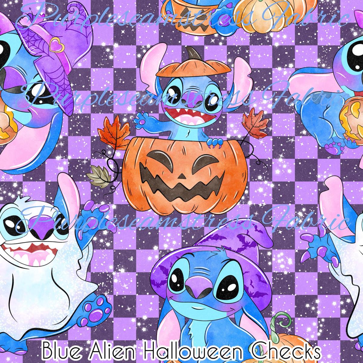 Blue Alien Halloween Checks  Fabric