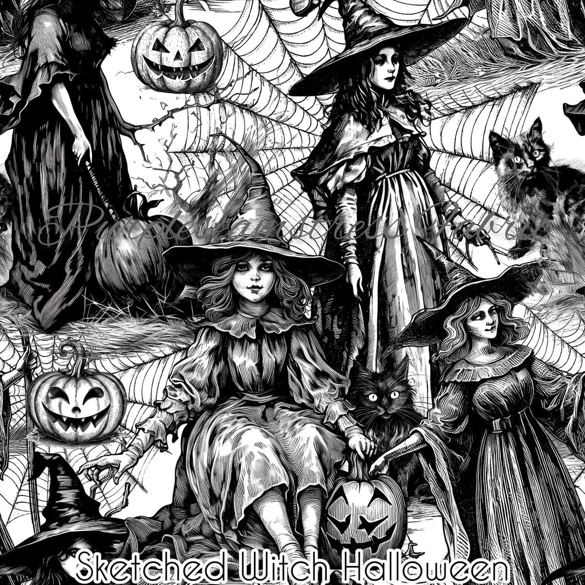 Sketched Witch Halloween  Fabric