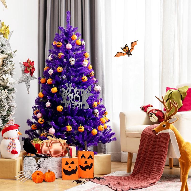 Artificial Prelit Purple Halloween Tree with Orange Lights and Pumpkin Ornaments-5'