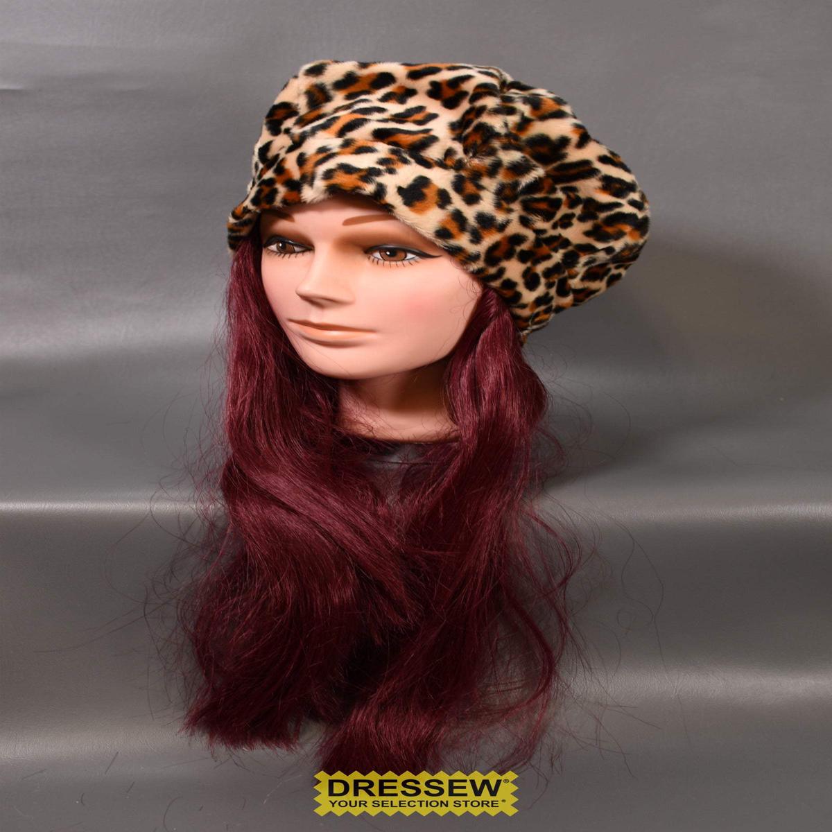 Animal Print Hat with Hair Burgundy