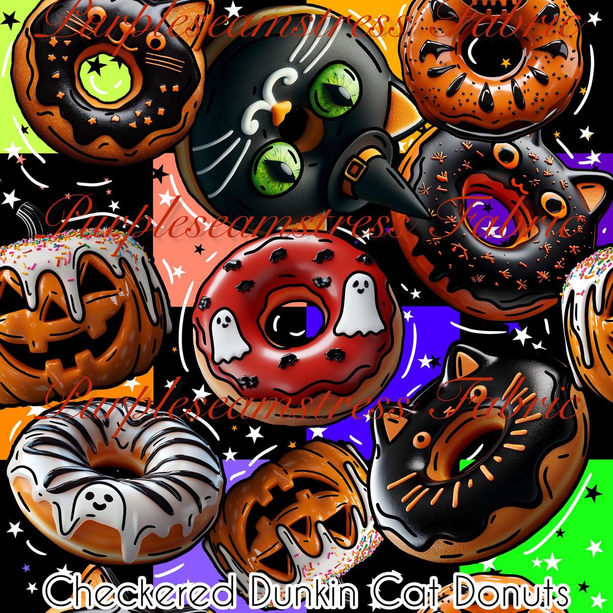 Checkered Dunkin Cat Donuts  Fabric