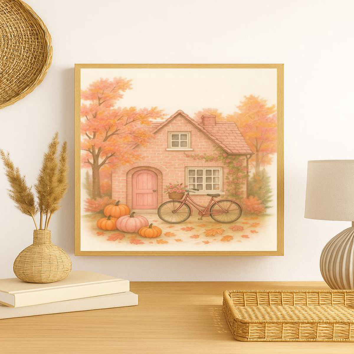Autumn Cottage Wall Art Cozy Pink Brick House with Pumpkins Bicycle 038 Fall Leaves