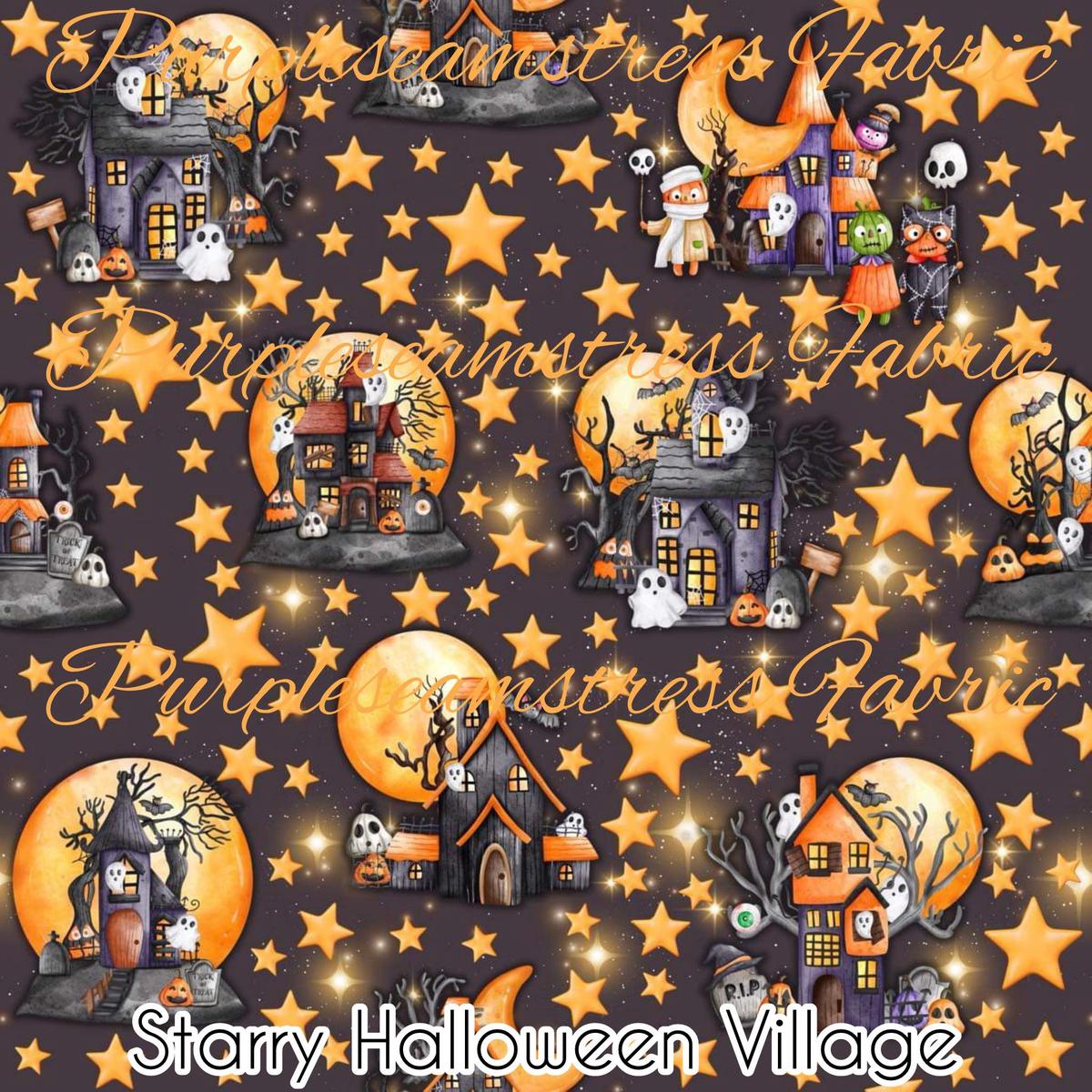 Starry Halloween Village  Fabric