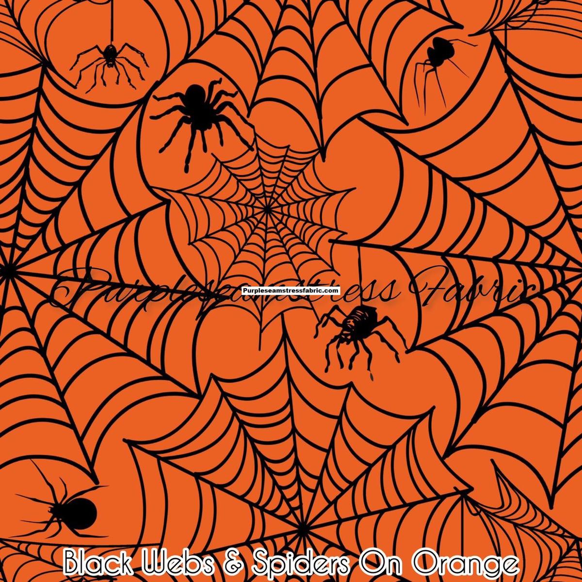 Black webs & spiders on orange  Fabric