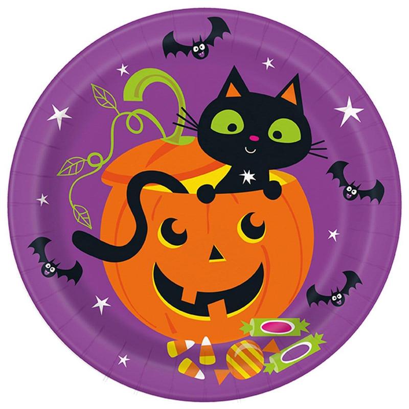 Cat & Pumpkin Paper Plates 9 Inches, 8 per Package