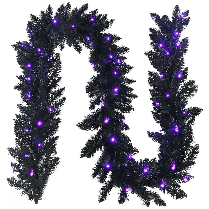 9 Feet Pre-Lit Garland, 50 LED Lights, Black, Purple - Black