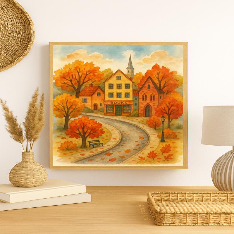 Autumn Village Street Wall Art  Cozy Fall Bookshop Print with Colorful Leaves