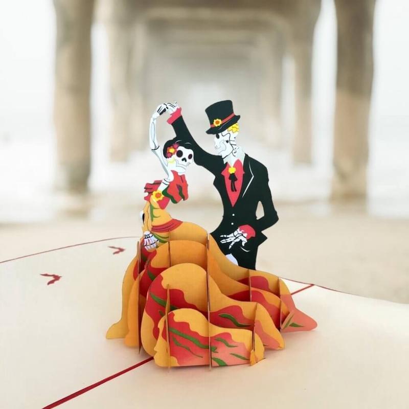 Black & Orange Skeleton Couple Dancing Halloween Pop Card