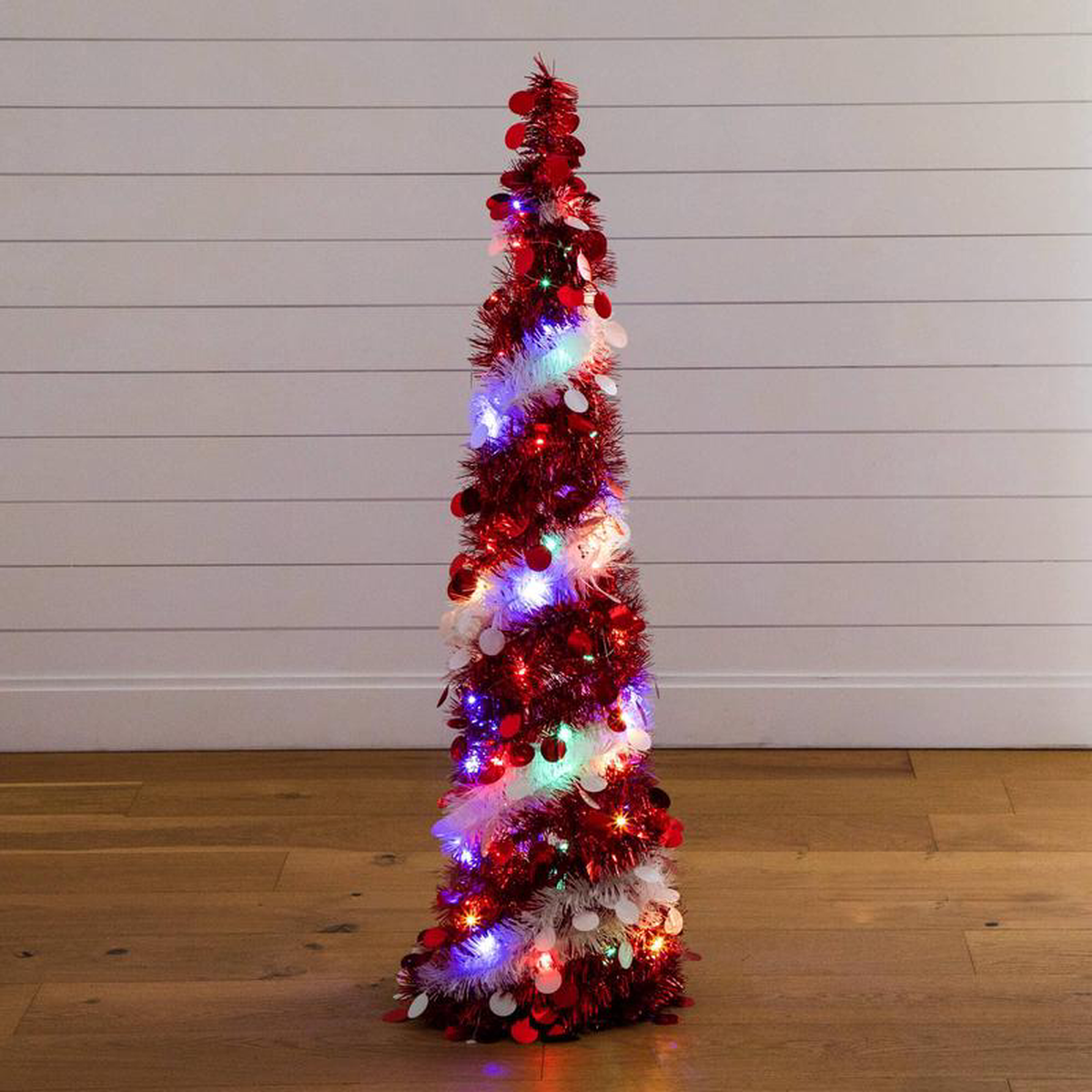 48217 Pre-Lit Pop up Red 038 White Tinsel Christmas Tree with 50 Mutlicolored LED Lights