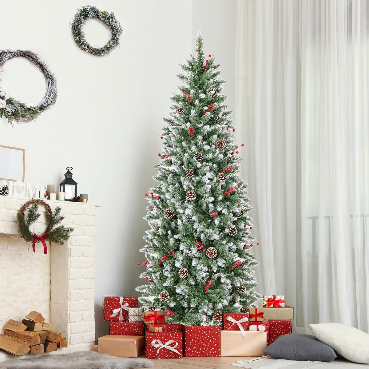 - 6  Pre-lit Artificial Pencil Christmas Tree with Pine Cones and Red Berries-6 ft